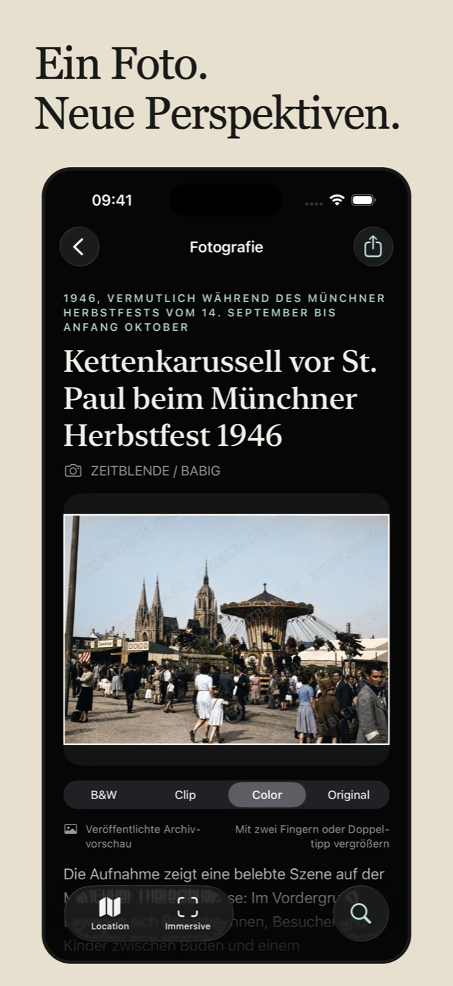 Ein Foto. Neue Perspektiven. – Kolorierte historische Karussellaufnahme in der App