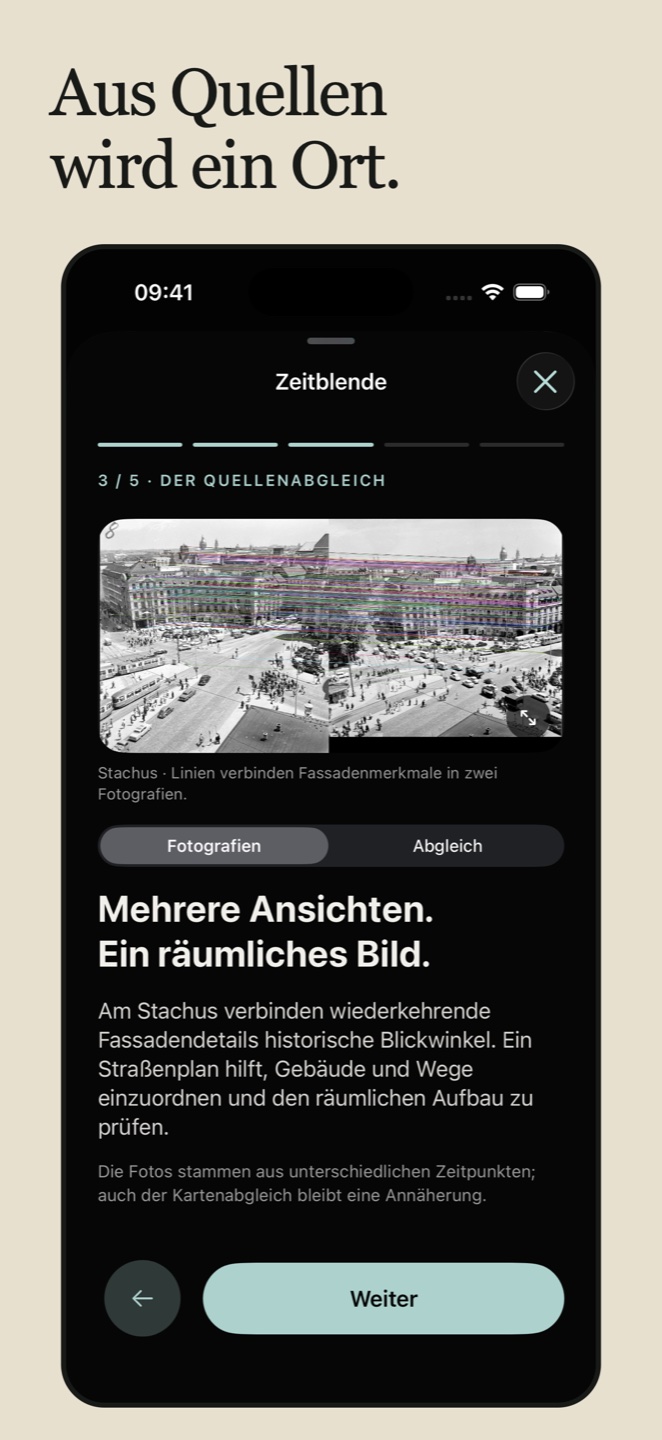 Aus Quellen wird ein Ort. – Historische Fotografien mit Verbindungslinien zwischen übereinstimmenden Fassadenmerkmalen