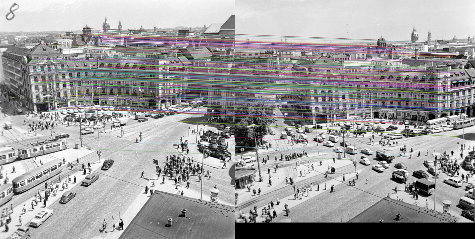 Zwei historische Stachus-Fotografien mit Verbindungslinien zwischen übereinstimmenden Fassadenmerkmalen